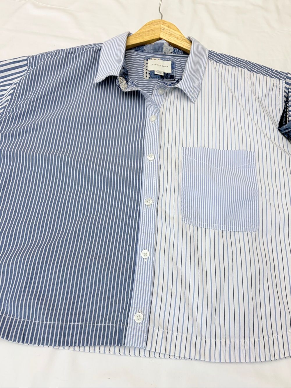 Striped Button-Up Crop Shirt in Blue and White Striped - Picture 7 of 11